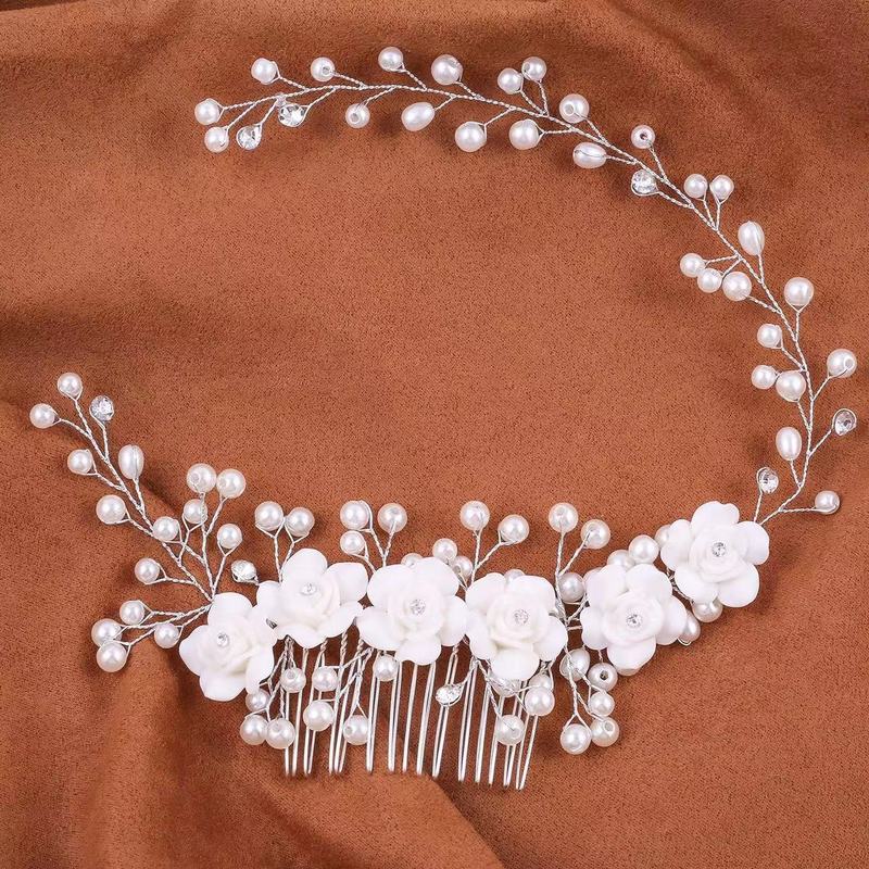 韓国の新婦の髪飾り手作りの真珠の花の柔らかい陶の花の髪の櫛の髪の帯の影楼と化粧の結婚のアクセサリーのヘッドバンド|undefined