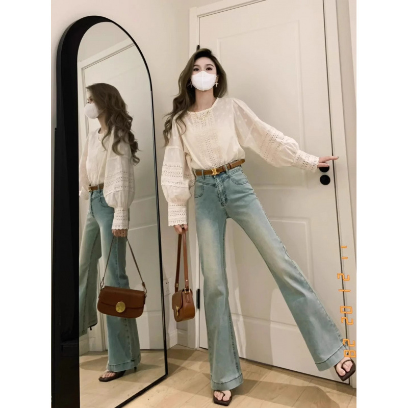2025大码微喇牛仔裤女浅色秋季薄新款喇叭裤高腰复古美式高街裤子|undefined