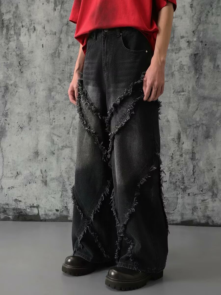 Unisex High Street Vintage Washed Distressed Patchwork Jeans Relaxed Wide Leg Straight Denim Pants for Men And Women_mkmklike.com