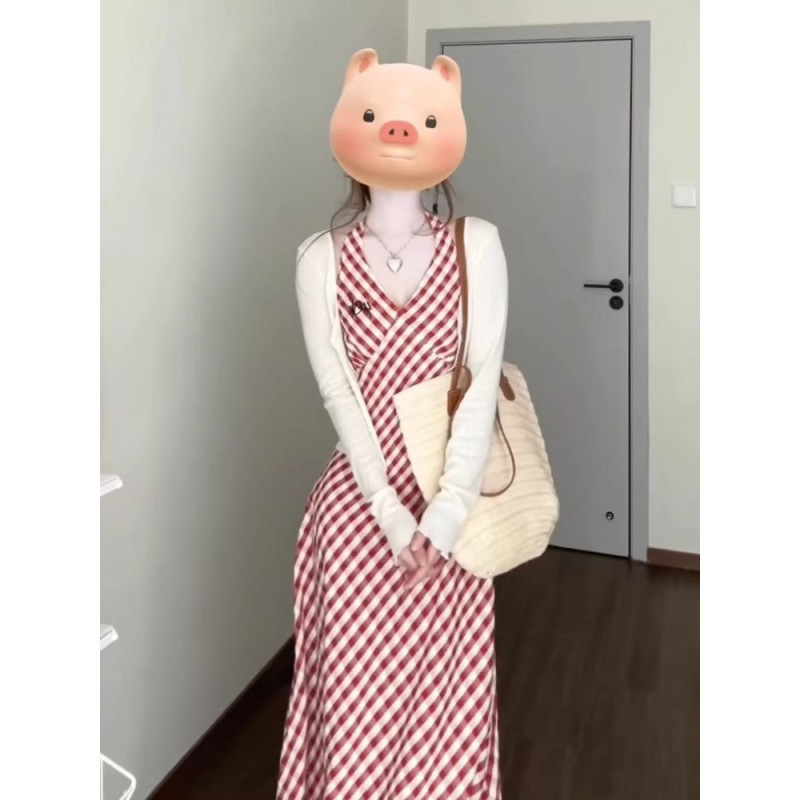 小柄な人向けのレトロなチェック柄のスリムデザインのドレス、高級ホルターネックドレス、女性向けの美しい海辺の休暇スーツ|undefined