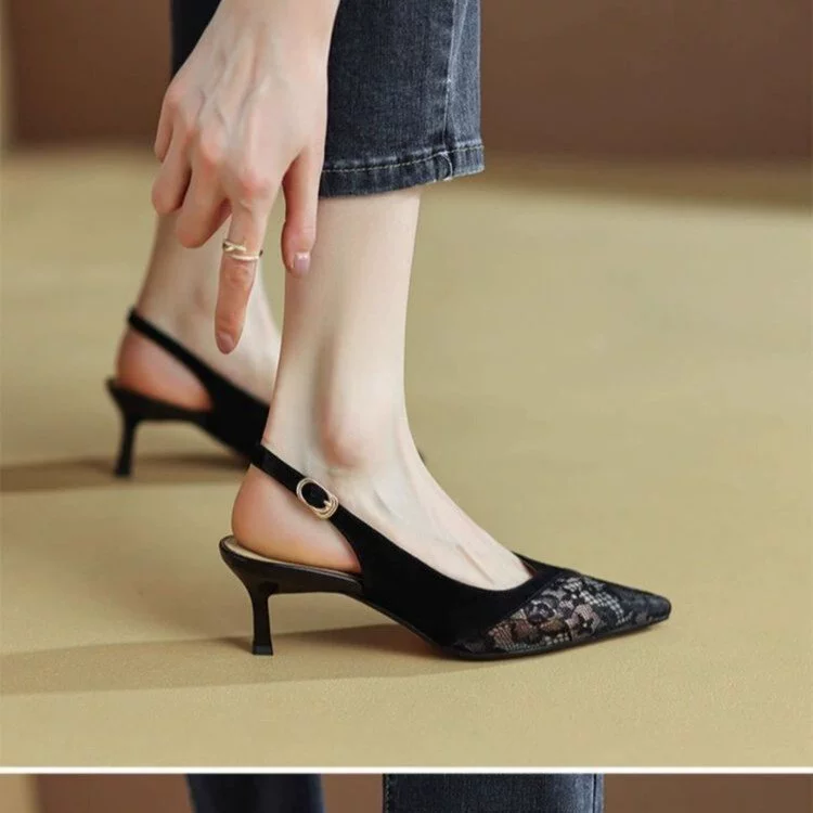 Летние новые черные сетчатые кружевные сексуальные туфли на высоком каблуке в французском стиле с острым носком и стежкой на шпильке для женщин