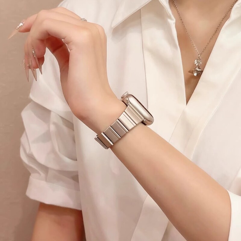 Suitable for Apple Watch 11, Bamboo-Style Slim Stainless Steel Watch Band, Butterfly Clasp Smart Watch Strap