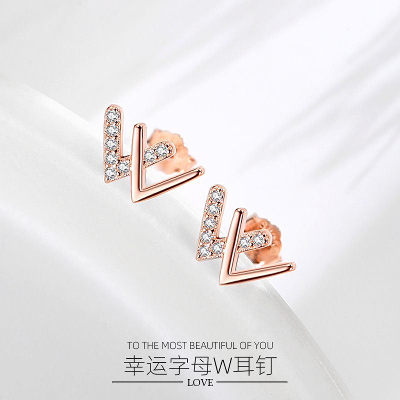 Pendientes de plata aguja letra W Pendientes de plata de ley de las mujeres pendientes de diamantes llenos de sentido de la moda aretes 925 al por mayor estilo japonés y coreano temperamento frío