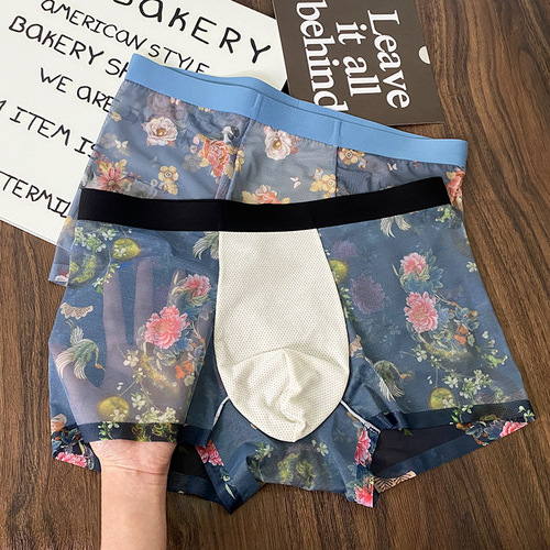 Summer ultra-thin breathable printed mesh men's underwear ice silk comfortable sweat-wicking high-end Chinese style large size pants