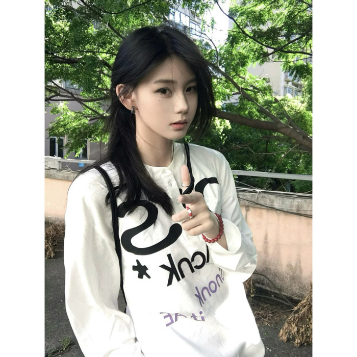 美式复古亨利领白色长袖t恤女早秋225新款宽松慵懒风防晒罩衫上衣|undefined