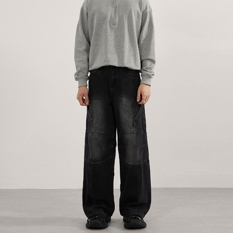 LKTM Herren-Arbeitshose aus robustem Denim, amerikanische Streetwear-Motorradjeans mit Kniepolstern, lockerer, gerader Schnitt, mittelhoher Bund, Baumwolle_voghion.com