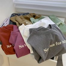 加厚磨毛棉短袖T恤！秋冬显白字母印花直筒圆领休闲白色打底衫女