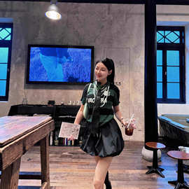 韩国东大门Vaquera夏季新款修身polo领拼色条纹印花短袖上衣T恤女