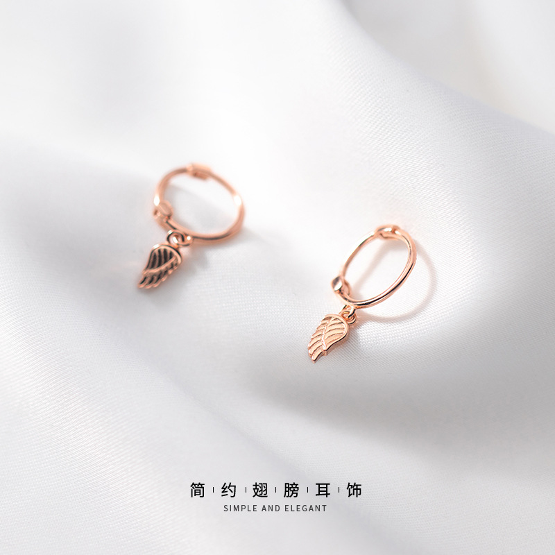 Eloch S925 botón de orejas de plata para mujeres estilo japonés y coreano simple aretes dulces de ala de moda pequeños auriculares frescos G8710