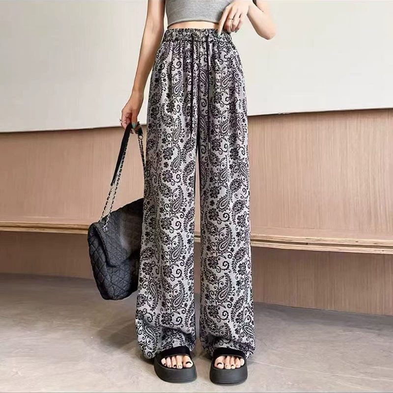 Широкие брюки с цветком кешью для женщин, лето 2025, новые свободные широкие брюки с высокой талией, тонкие прямые брюки с принтом в стиле ретро