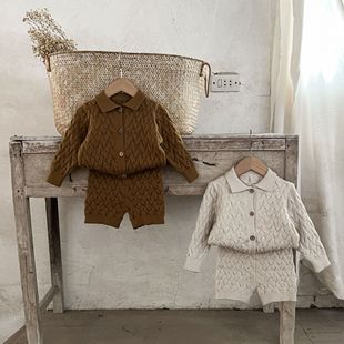 Ins Korean Style Autumn and Winter Baby European and American Neutral Style Twist Cardigan Sweater suit Solid Color Shorts Jacket suit