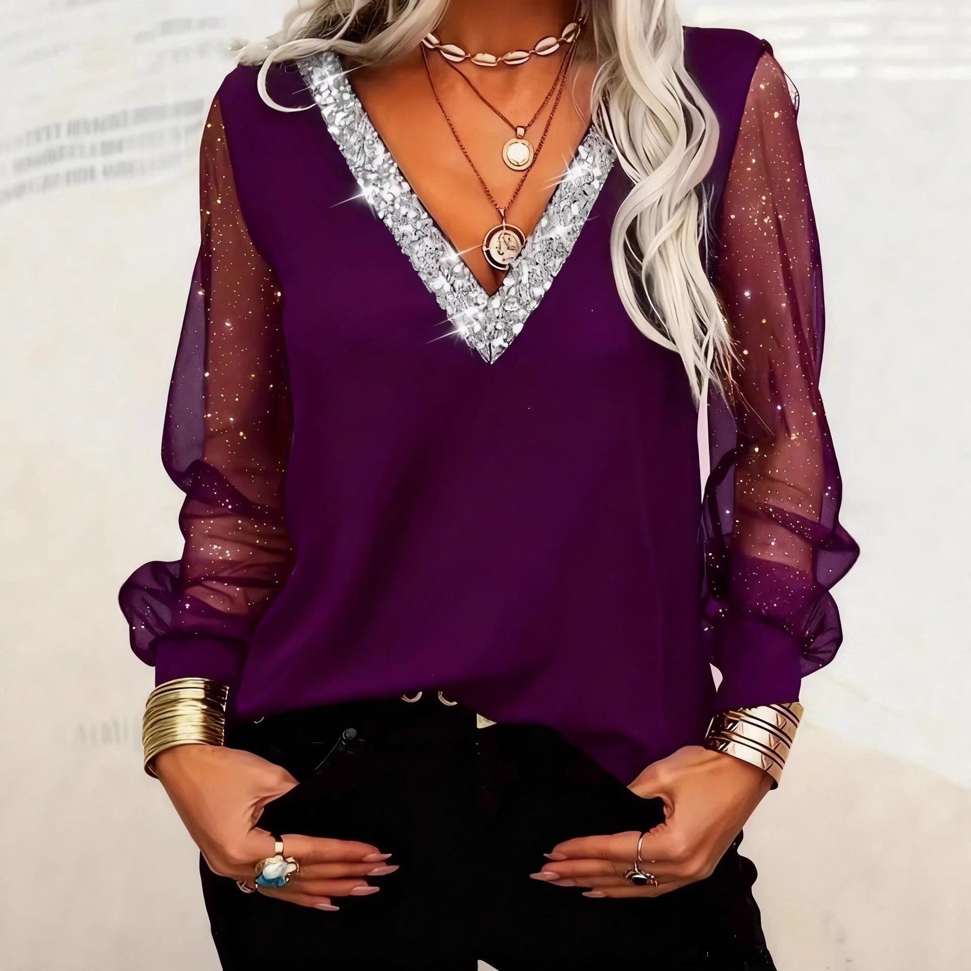 Spring Summer Women's Sequin V Neck Mesh Top Long Sleeve Casual Fashion T-Shirt_ecoleips.com