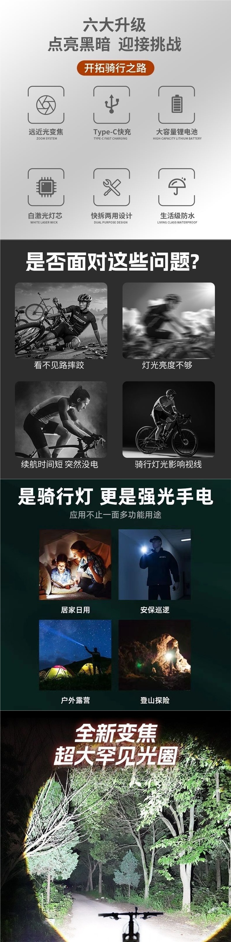 Super bright LED rechargeable flashlight for delivery vehicles, universal bicycle flashlight, long-lasting portable bright flashlight