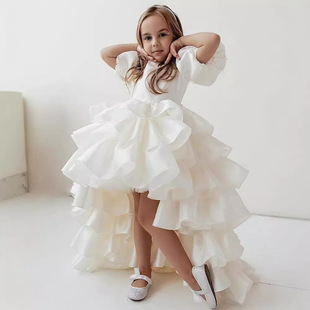 Amazon Girls Dress New White Long Front and Back Fluffy Princess Dress Little Girl Wedding Flower Girl Dress Long Dress