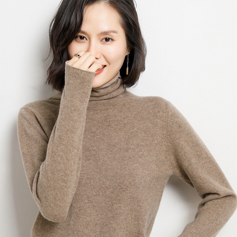 Women's 100% Pure Wool Turtleneck Sweater, Stylish Autumn and Winter Thin Knit Base Layer Cashmere Sweater