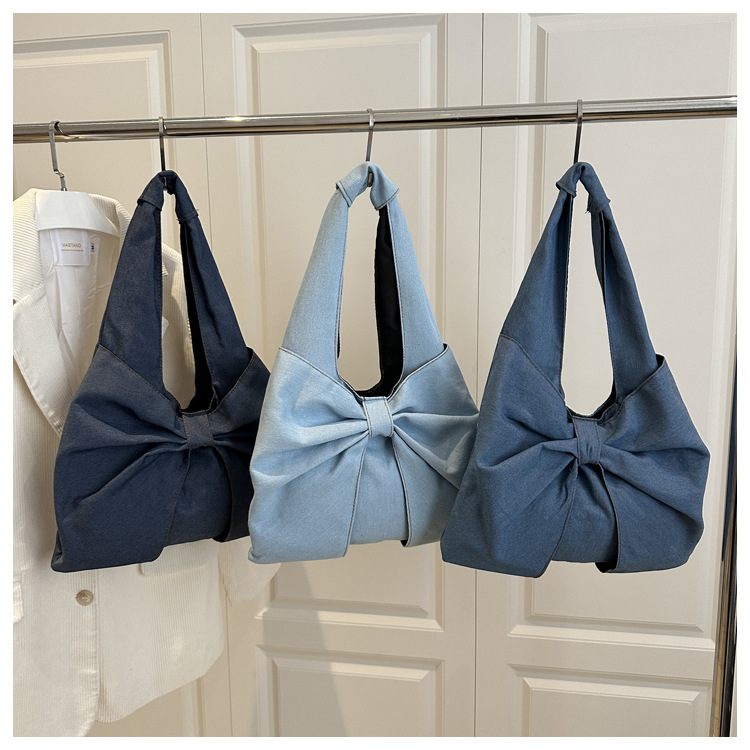 Large Size Women's Large Denim Bow Knot Streetwear Sewing Thread Square Open Tote Bag
