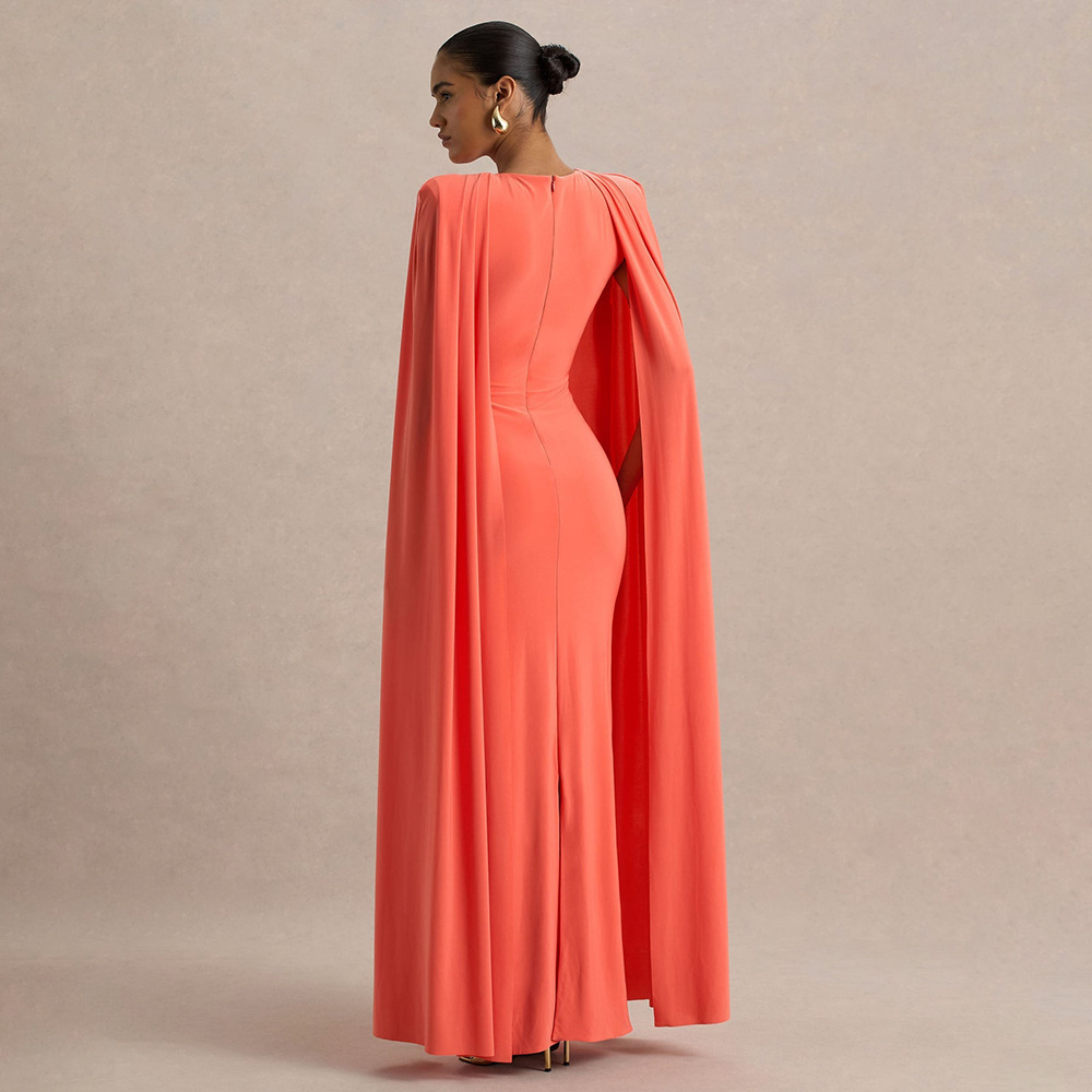 Elegant Women's Party Dress With Pleated Cape - Round Neck Solid Color Maxi Dress For Banquet & Evening Occasions_ecoleips.com