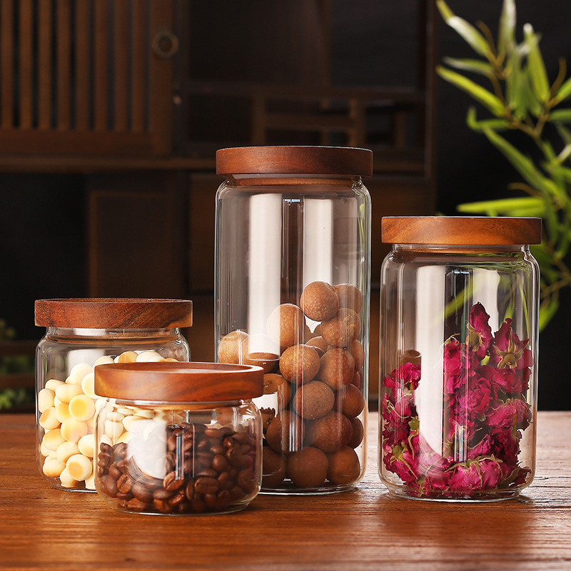 玻璃储物罐套装珍珠棉包装350-1000ml相思木盖高硼硅玻璃密封罐