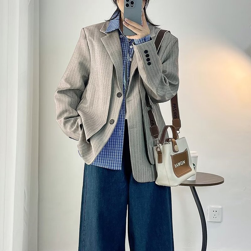 设计感小众假两件西装外套女廓形高级感宽松质感中性垫肩西服上衣|undefined