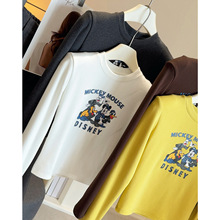 米奇卡通印花磨毛加绒短款T恤女秋冬新款减龄百搭打底上衣带垫肩