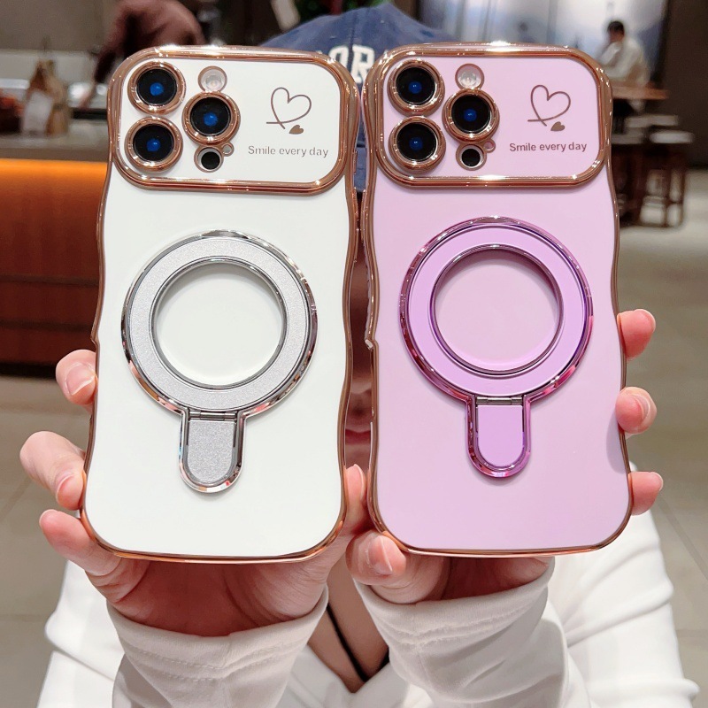 iPhone17Promax対応 波型ハート型スマホケース Apple15対応 メッキ磁気スタンド付き 落下防止保護ケース|undefined