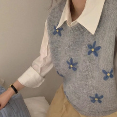 灰色提花小花无袖针织衫马甲背心女2025秋季新款宽松外搭叠穿上衣