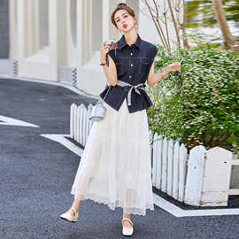 2025夏季新款女装显瘦百搭马甲牛仔上衣蕾丝半身裙两件套裙LM6917