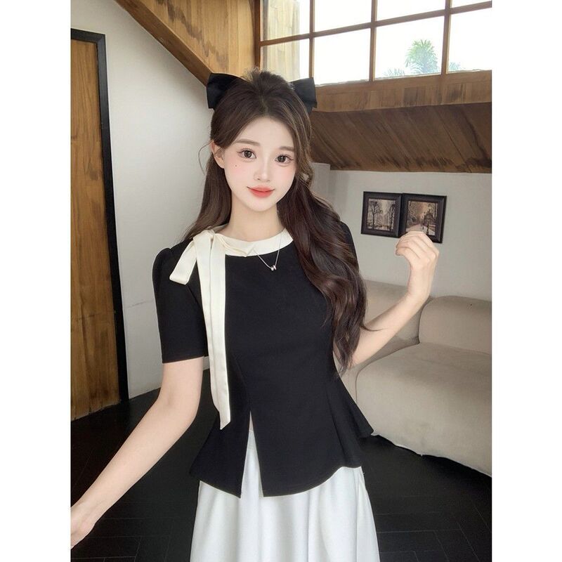 Lace-Up Plus-Size Short-Sleeve T-Shirt for Women, Slimming Loose Fit for Curvy Figures, New Summer Style with Slit, Covering the Body, Bowknot, Color-Blocking Top Lace-Up Plus-Size Short-Sleeve T-Shirt for Women, Slimming Loose Fit for Curvy Figures, New Summer Style with Slit, Covering the Body, Bowknot, Color-Blocking Top