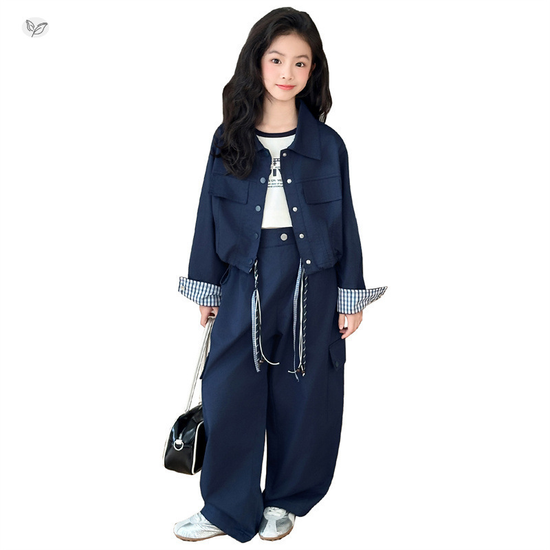 女童秋季休闲工装外套阔腿长裤三件套春秋中大童口袋阔腿裤夹克衫|undefined