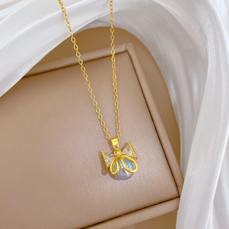 Edle Perlen Schleifen Halskette Diamant Titanium Stahl Kette_voghion.com