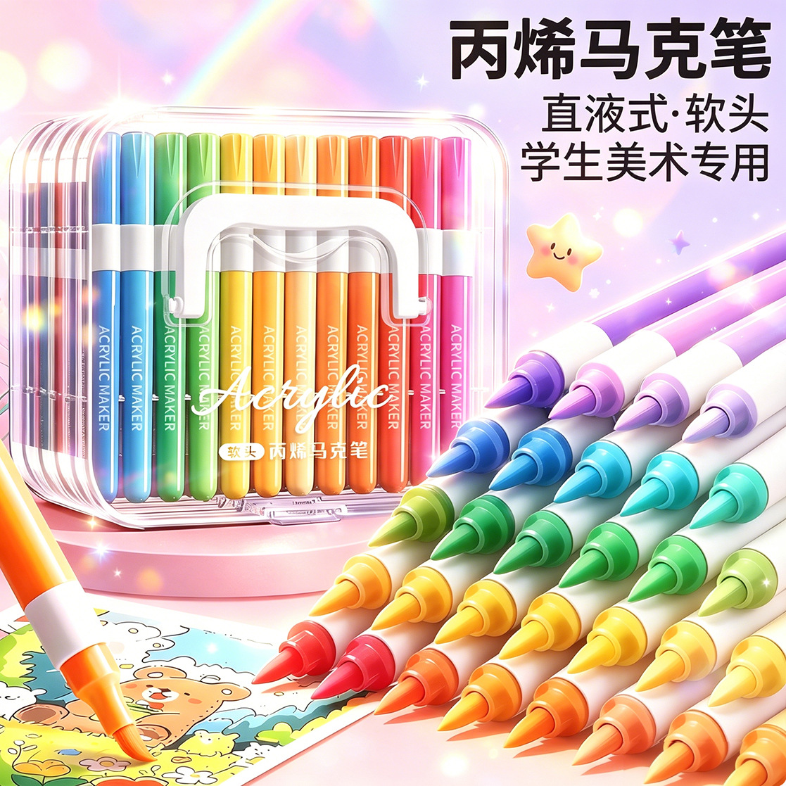 Soft-Tipped Acrylic Markers, Genuine, Non-Bleeding, Color-Stackable, Non-Bleeding Watercolor Pens for Children, Specifically for Elementary School Art