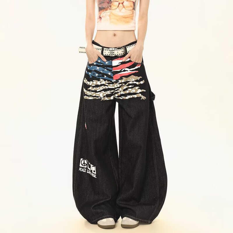 American Street Style Washed Flag Camouflage Print Jeans for Men and Women, Versatile Design, Loose Wide-Leg Pants