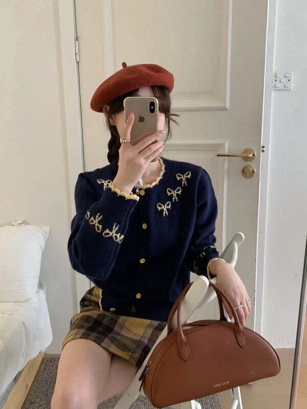 韩版慵懒软糯撞色蝴蝶结保暖毛衣开衫女秋新款显瘦外搭上衣|undefined