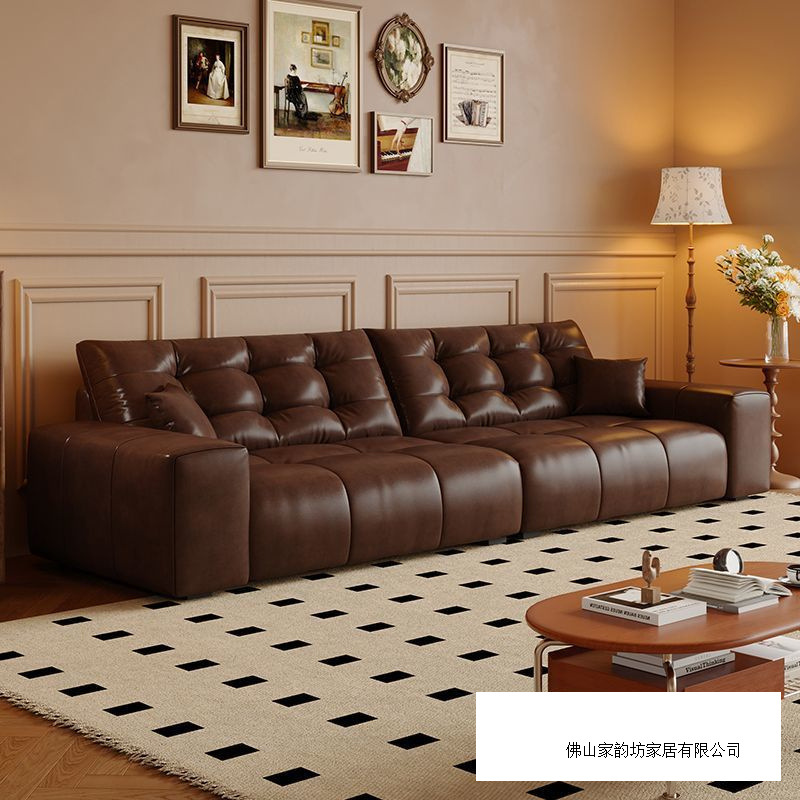 French Retro Style Oil Wax Cat Scratch Leather Sofa Living Room Small Apartment Modern Simple Mid-Century Style Old Brown Sofa