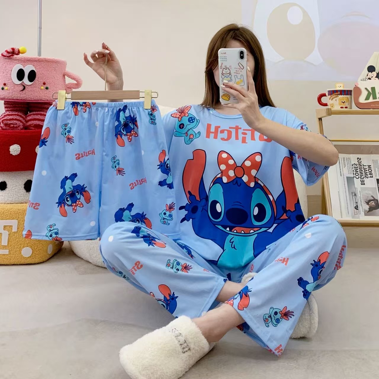 Pijamas de verano transfronterizos pijamas de leche de seda de tres piezas set de dibujos animados comercio exterior ropa para el hogar pantalones de mangas cortas lindos