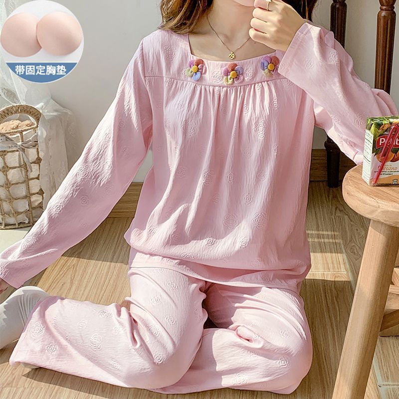 Nube de algodón pijama de mujer primavera y otoño 2025 nuevo con cojín de pecho conjunto de mangas largas dulce ropa doméstica de mujer se puede usar fuera