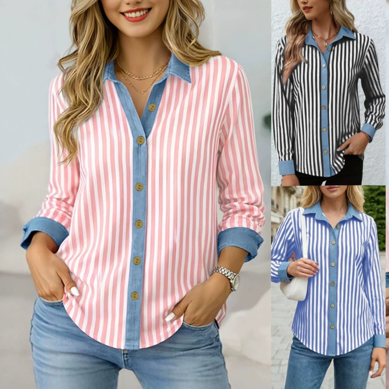 Independent Brand Cross-Border Women's Shirt, Spring and Summer Color-Block Striped Shirt, Simple and Elegant Patchwork Turn-Down Collar Style Top for Women Independent Brand Cross-Border Women's Shirt, Spring and Summer Color-Block Striped Shirt, Simple and Elegant Patchwork Turn-Down Collar Style Top for Women