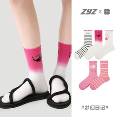 文藝復興原創女襪春季刺繡字母中筒襪蝴蝶結紮染禮盒裝無骨襪子女