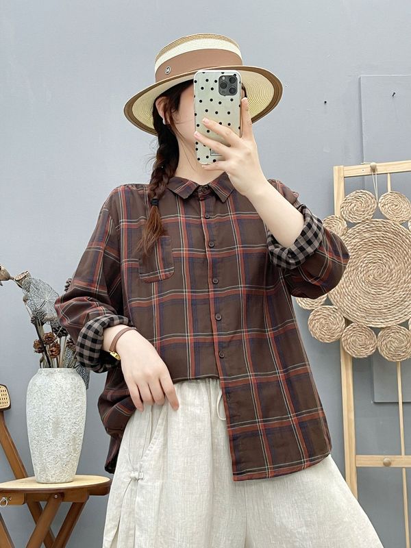 新款色织格子双层纱衬衫 女2025春秋新款休闲女韩版百搭衬衣 批发|undefined
