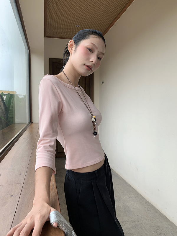 [9hour]美式甜辣风正肩t恤女 2025秋季百搭中袖微弹上衣女c250635|undefined