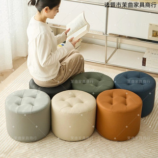 Household Stool Low Stool Living Room Round Stool Cat Claw Leather Sofa Stool Solid Wood Adult Soft Seat Leather Stool Shoe Changing Stool Coffee Table Stool