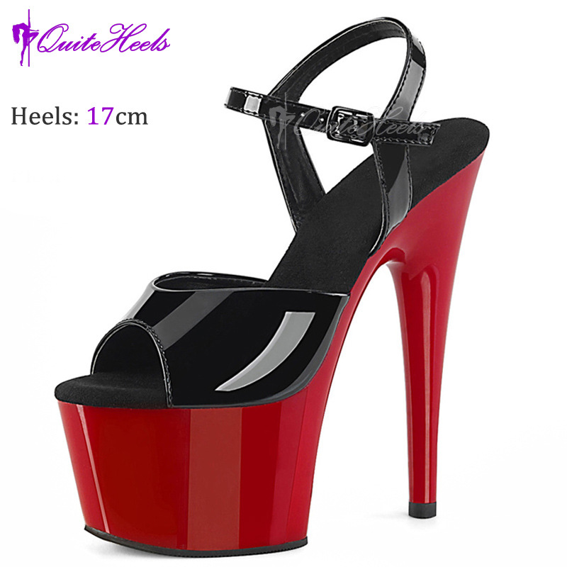 Sandal cao gót hở mũi miệng cá chống thấm, gót 17 cm — Đỏ đen, Đen Đỏ, Màu đen, Màu hồng