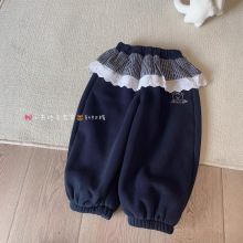 橘思正品25冬季新款加厚加绒爆款格子屁帘小熊刺绣花边宽休闲卫裤