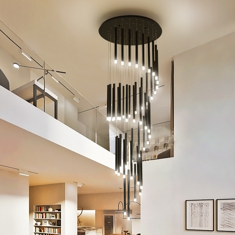 Villa creativa dúplex lámpara individual atmósfera escalera simple nórdica led lámpara giratoria dúplex largo edificio