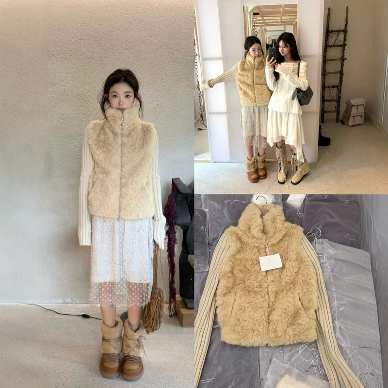 Now Available: Korean Designer Ver*O Stand-Collar Eco-Friendly Faux Fur Vest Jacket, Korean-Style Women's Zip-Up Top