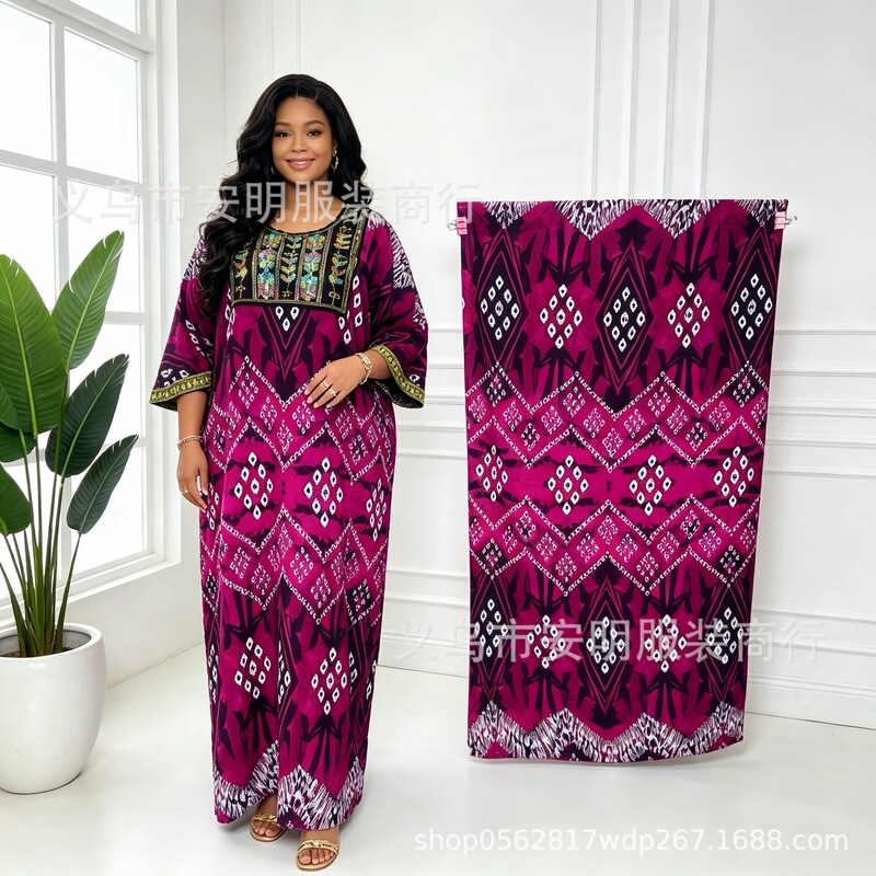 Cross-border African-style long robe with colorful collar, flared sleeves, and a headscarf, a two-piece set including a long robe and a dress