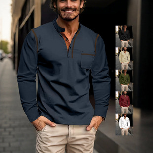 Amazon Cross-Border European and American 2025 Spring/Summer Men's Long-Sleeved Stand-Up Collar Polo Shirt Foreign Trade Solid Color Men's Base Layer Long-Sleeved Shirt