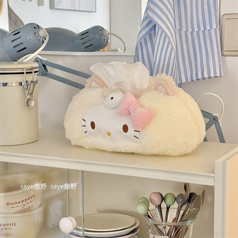 Cute kitty cream yellow plush tissue box for home use in the living room, bathroom, or car