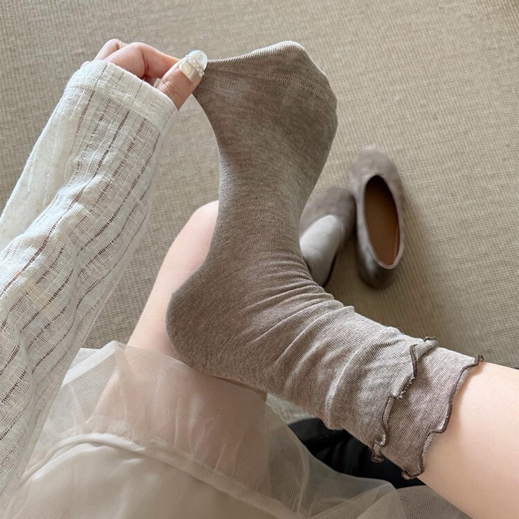 Cool and Understated Wood-Toned Double-Layer Lace Mid-Calf Socks, Korean Style, Simple, New Spring/Summer Collection, Seamless Slouch Socks, Ballet-Style Cotton Socks Cool and Understated Wood-Toned Double-Layer Lace Mid-Calf Socks, Korean Style, Simple, New Spring/Summer Collection, Seamless Slouch Socks, Ballet-Style Cotton Socks