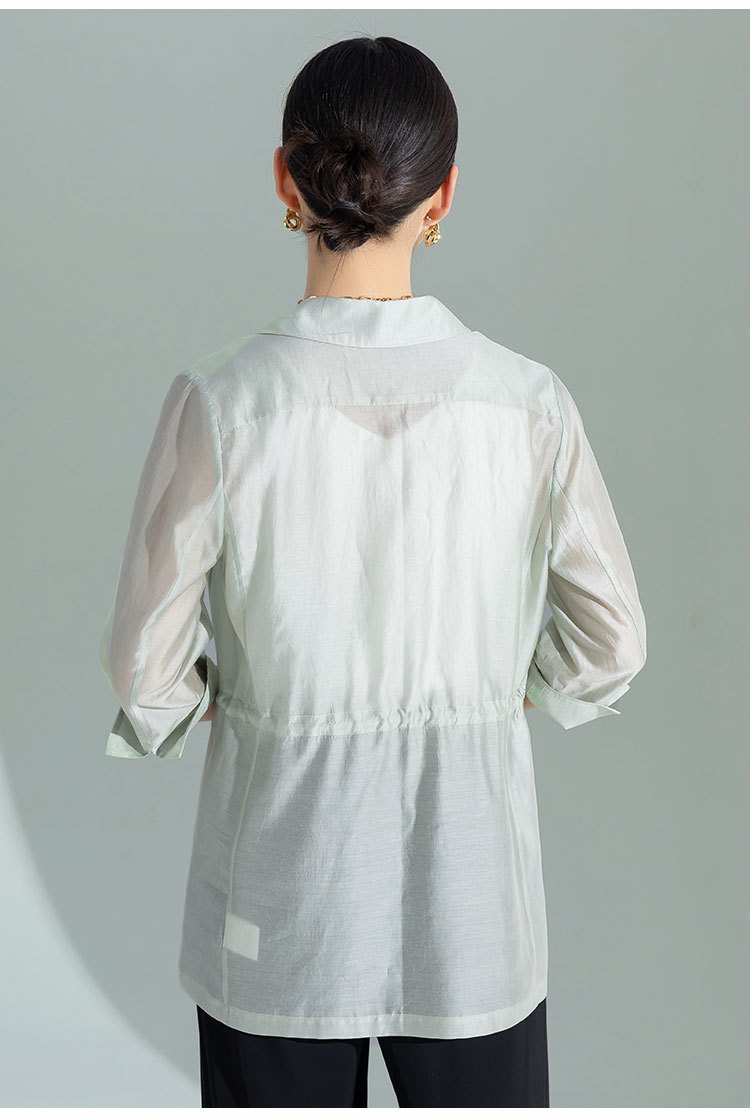 Áo khoác blazer nữ cổ lật dây rút chất liệu Leisel mỏng nhẹ mùa hè — Màu trắng chi tiết 7
